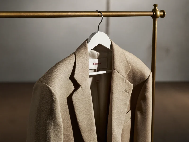 Taillierter Blazer in warmem Neutralton über einer Messing-Kleiderstange