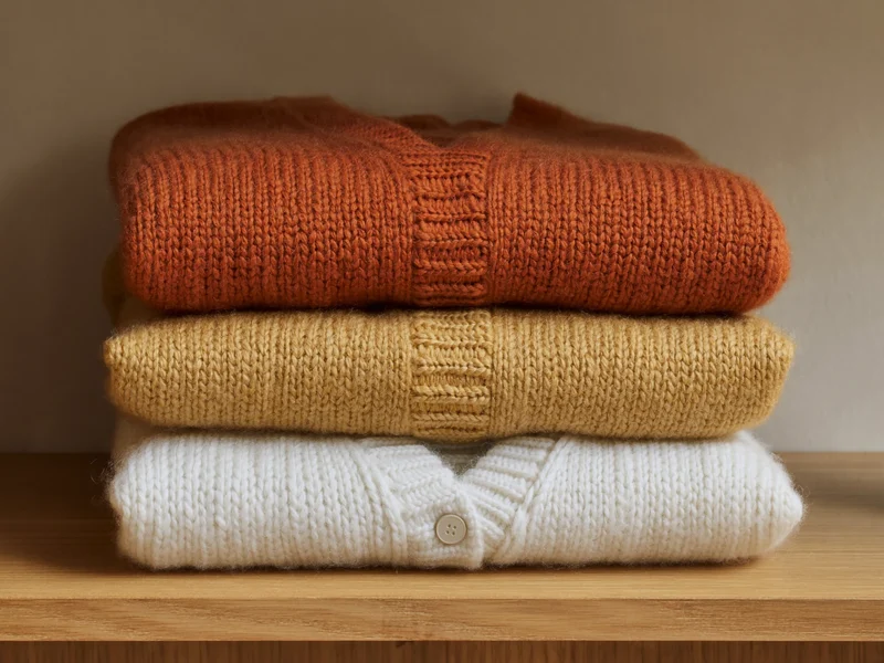Gefaltete Feinstrick-Pullover in Terrakotta, Sand und Creme auf Eichenregal